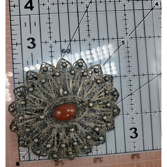 Antique Sterling Carnelian Filigree Brooch Large Oval Starburst Cabachon Gem - Picture 3 of 5